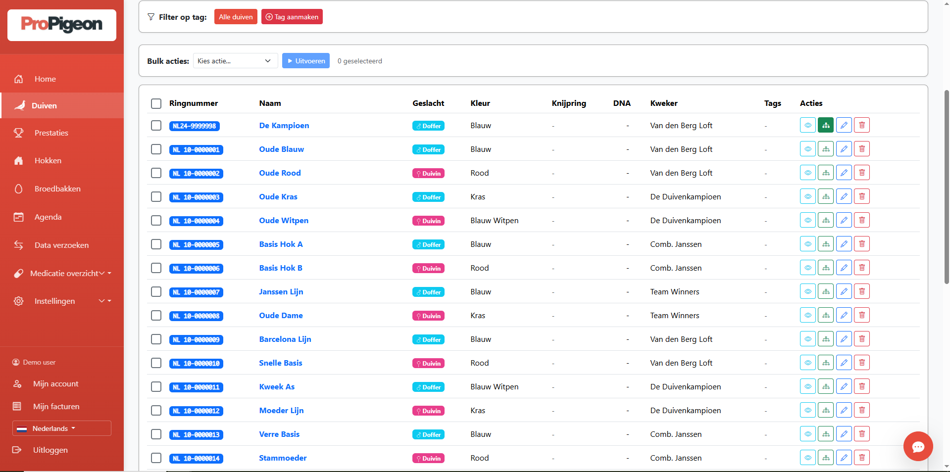 Screenshot duivenbestand